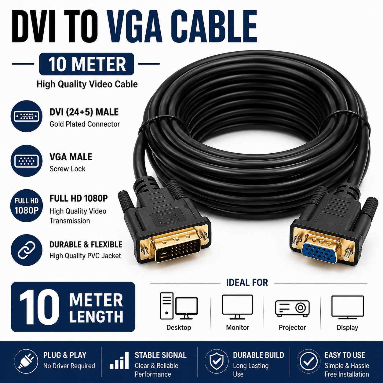 DVI to VGA Display Converter Cable 3m DVI to VGA Display Converter Cable 5m DVI to VGA Display Converter Cable 10m - Creators Mind Shop