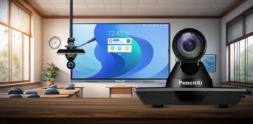 PencilAI camera system in a classroom setting with a large screen displaying a digital clock.