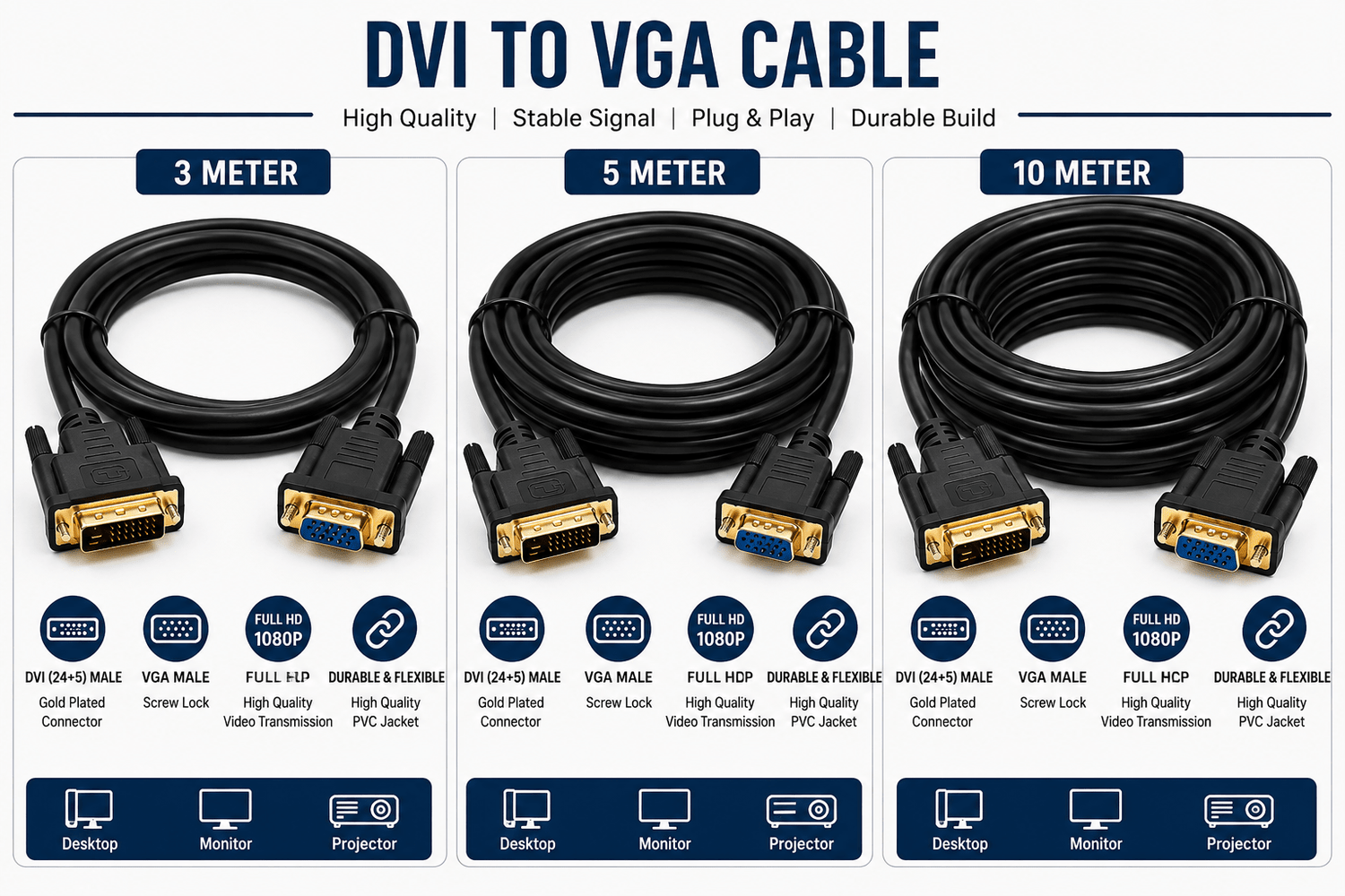 DVI to VGA Display Converter Cable 3m DVI to VGA Display Converter Cable 5m DVI to VGA Display Converter Cable 10m - Creators Mind Shop