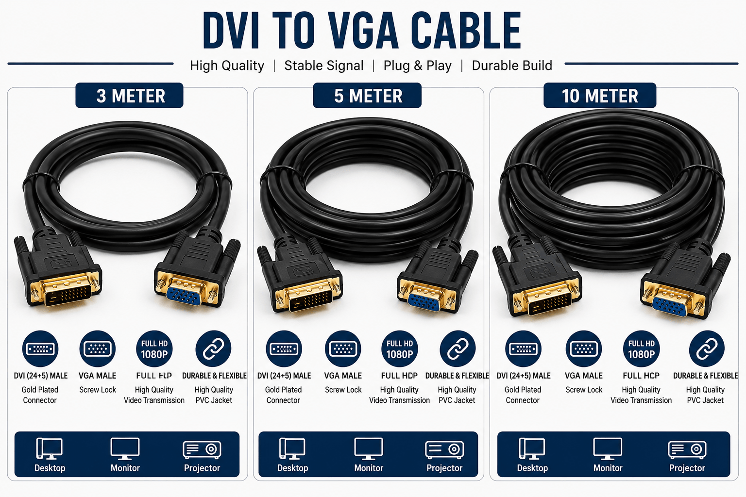 DVI to VGA Display Converter Cable 3m DVI to VGA Display Converter Cable 5m DVI to VGA Display Converter Cable 10m - Creators Mind Shop