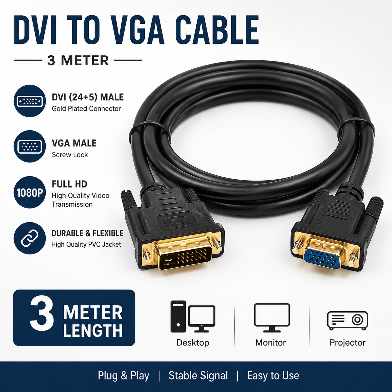 DVI to VGA Display Converter Cable 3m DVI to VGA Display Converter Cable 5m DVI to VGA Display Converter Cable 10m - Creators Mind Shop