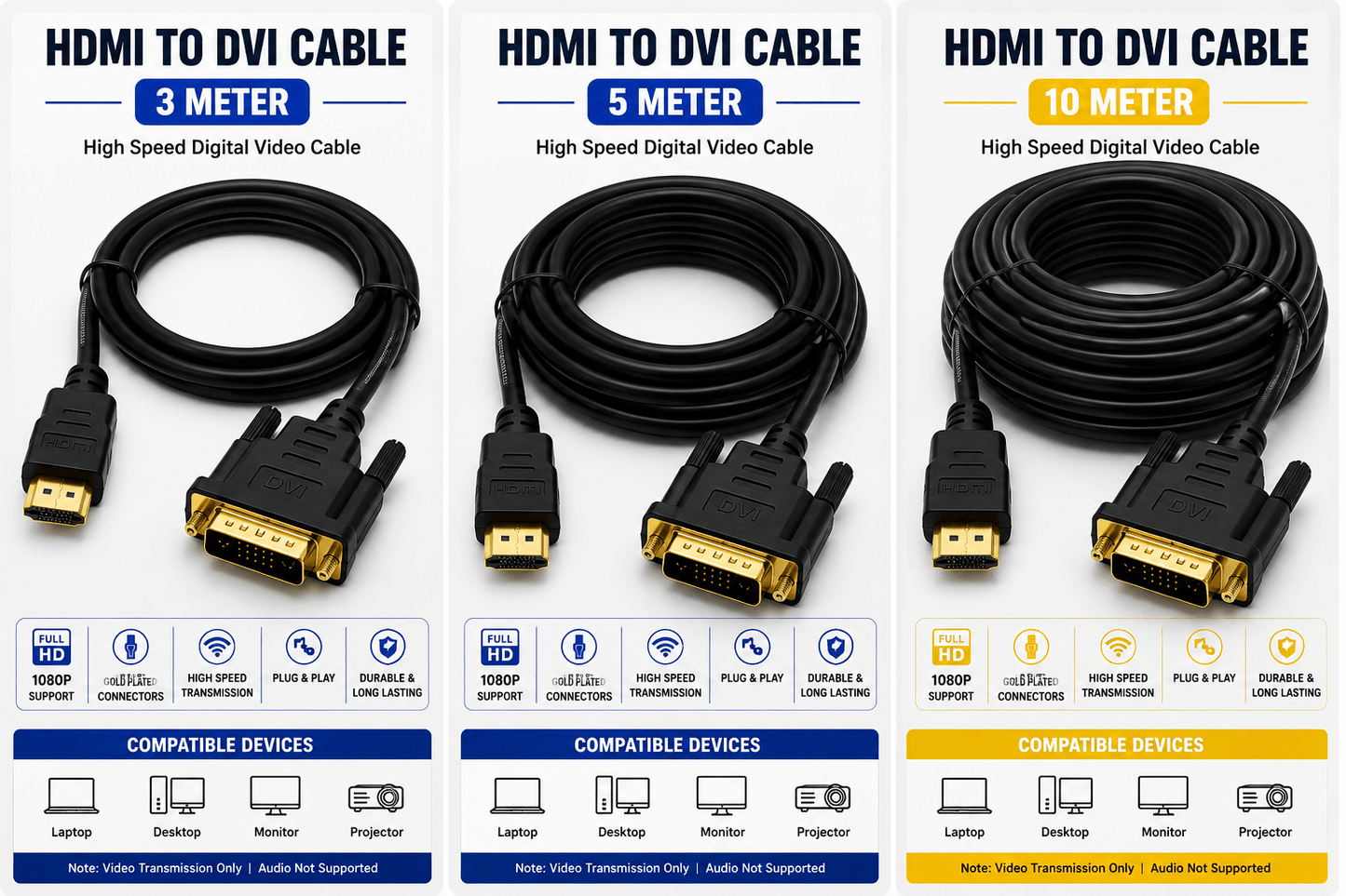 HDMI to DVI cable 3 metre HDMI to DVI cable 5 metre HDMI to DVI cable 10 metre - Creators Mind Shop